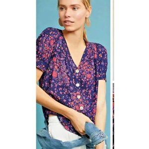Anthropologie Maeve Blue Red Button Up Short Sleeve Hansley Blouse Size 8